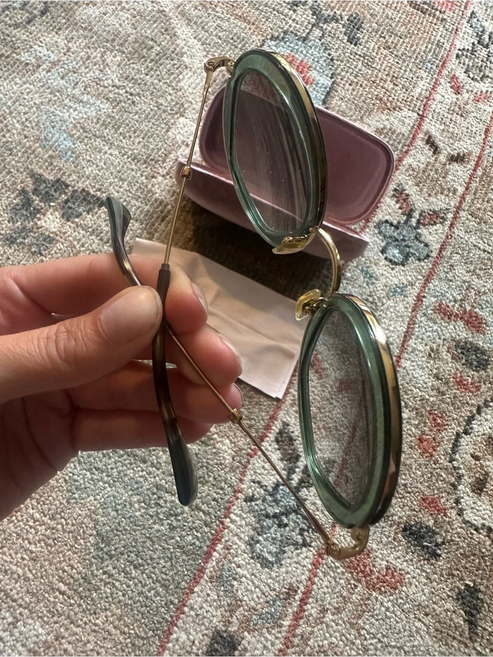 Miu Miu Green Round Frame Sunglasses with Pink Hard Case